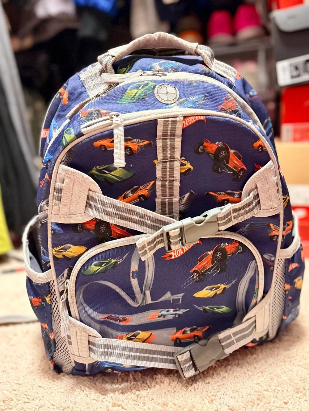 Pottery Barn Kids Hot Wheels Navy and Grey Race Car Backpack - Size Large PBK